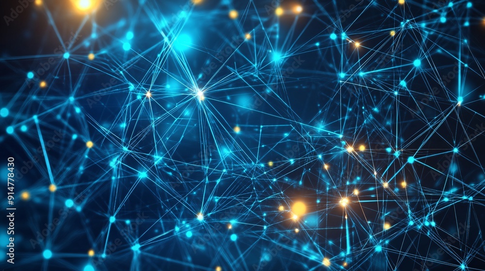 A high-tech visualization of a technology ecosystem, focusing on the connections between various nodes within a digital network. The image features bright, glowing nodes connected by thin, luminous A high-tech visualization of a technology ecosystem, focusing on the connections between various nodes within a digital network. The image features bright, glowing nodes connected by thin, luminous