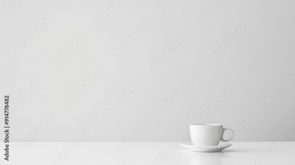 Coffee cup and saucer on table with white wall background for a minimalist style interior design concept Coffee cup and saucer on table with white wall background for a minimalist style interior design concept