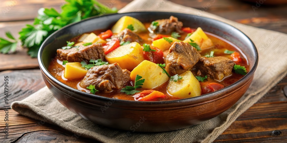 Close up of beef goulash with potatoes in a bowl, beef, goulash, potatoes, stew, comfort food, meal, dinner, traditional Close up of beef goulash with potatoes in a bowl, beef, goulash, potatoes, stew, comfort food, meal, dinner, traditional