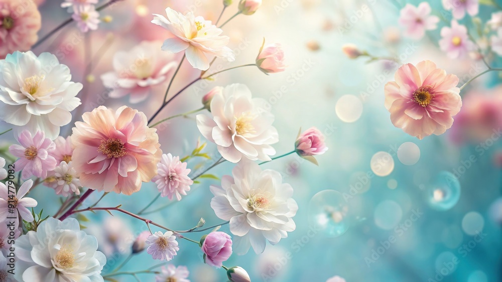 Delicate pastel flowers in bloom against a soft blue background, showcasing the beauty of nature , pastel, flowers, bloom, soft Delicate pastel flowers in bloom against a soft blue background, showcasing the beauty of nature , pastel, flowers, bloom, soft