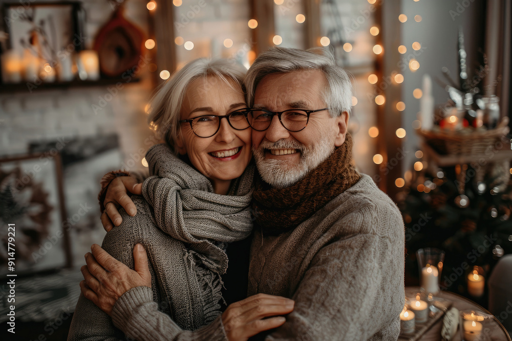 Happy elderly couple, filled with love, shares a heartfelt warm embrace in a stunningly decorated winter wonderland. Merry Christmas, Happy New Year Happy elderly couple, filled with love, shares a heartfelt warm embrace in a stunningly decorated winter wonderland. Merry Christmas, Happy New Year