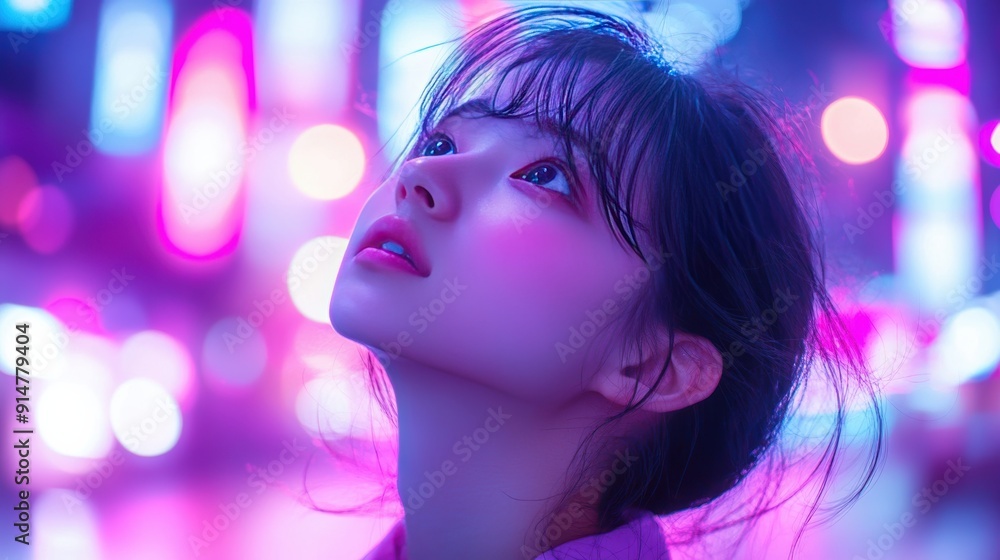 Animated Asian woman is in a black light scene, illuminated by neon lights from all directions in nighttime atmosphere of futuristic city, surroundings are bathed in neon purple pink light. Animated Asian woman is in a black light scene, illuminated by neon lights from all directions in nighttime atmosphere of futuristic city, surroundings are bathed in neon purple pink light.