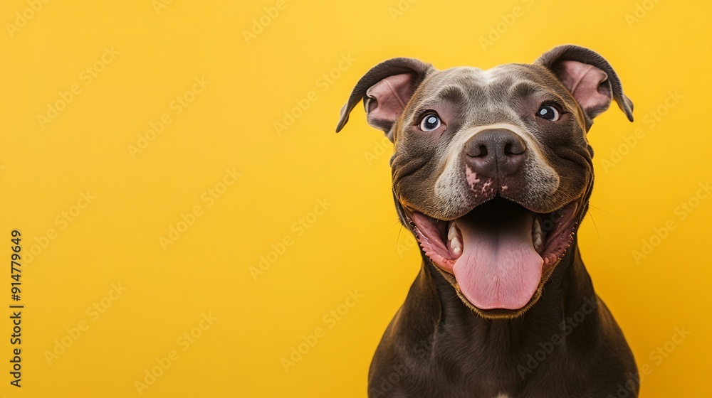 Studio headshot portrait of gray blue smiling pit bull type dog with ...