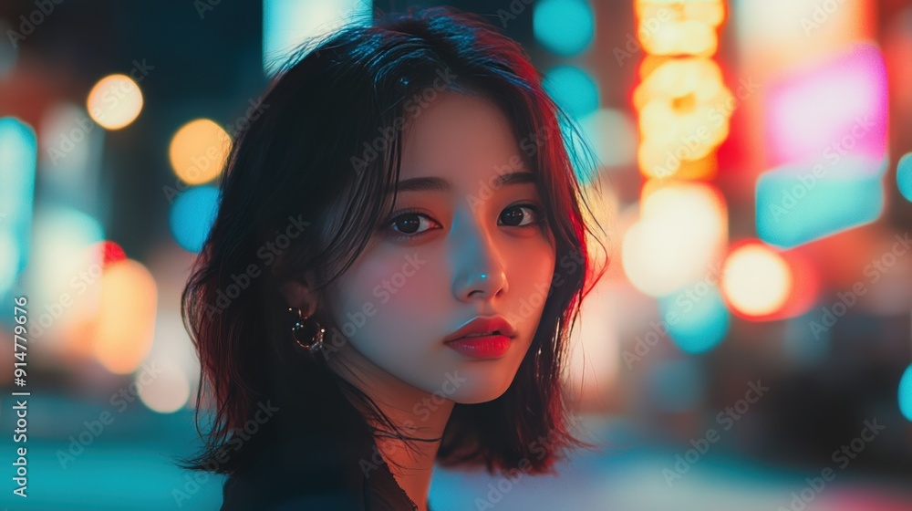 Animated Asian woman is in a black light scene, illuminated by neon lights from all directions in nighttime atmosphere of futuristic city, surroundings are bathed in neon purple pink light. Animated Asian woman is in a black light scene, illuminated by neon lights from all directions in nighttime atmosphere of futuristic city, surroundings are bathed in neon purple pink light.