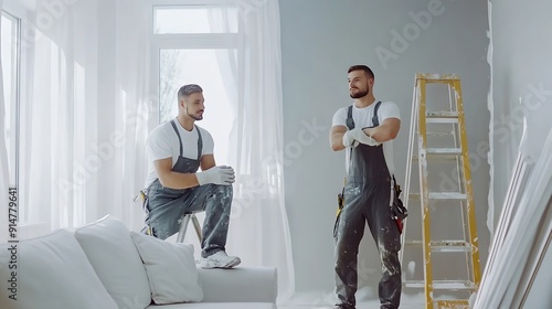 Two male workers from the professional home renovation service painting walls light gray in a big bright living room interior inside a new modern house or apartment : Generative AI