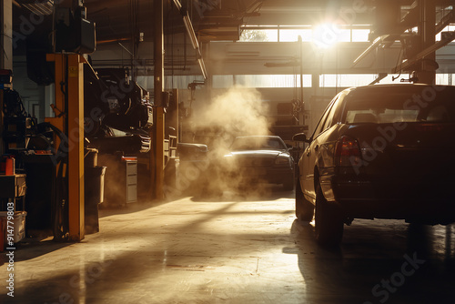 Sunlit Auto Repair Shop with Hazy Atmospheric Dust