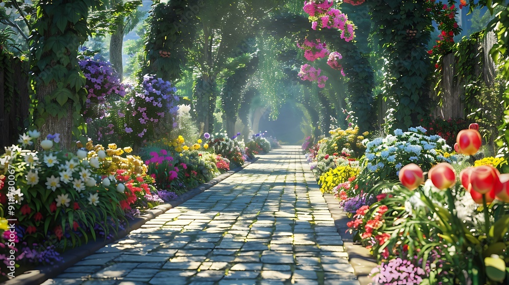 Obraz premium A Sunlit Path Through a Blooming Garden