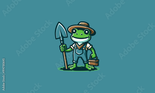 character frog holding hoe vector flat design