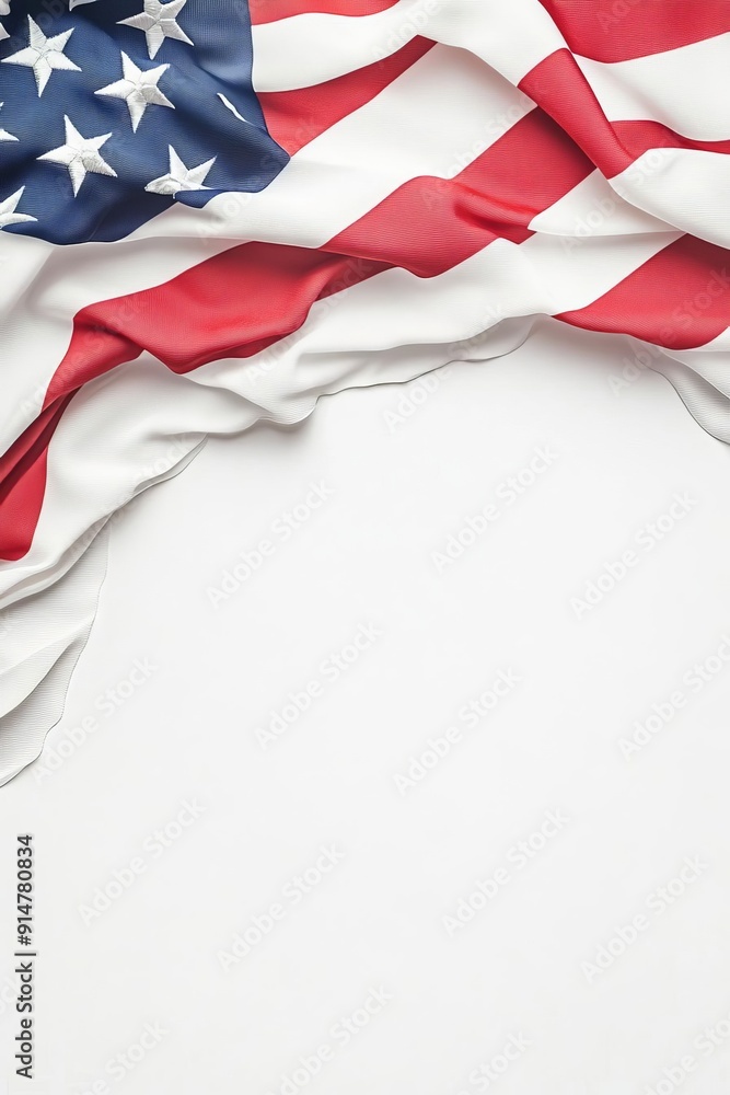 Obraz premium Overhead view of the American flag with flowing red, white, and blue fabric on a white background, perfect for patriotic themes or national events.