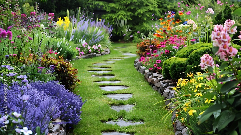 Stone Path Through a Colorful Garden