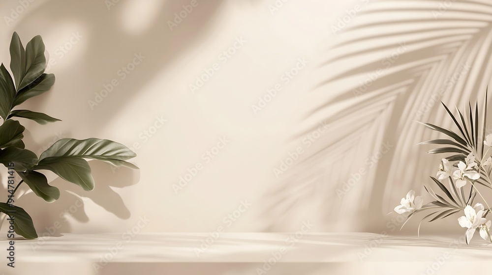 White table and abstract geometric wall background with flowers and palm leaves shadows overlay Abstract beige studio background for product presentation 3d room with copy space Summer : Generative AI White table and abstract geometric wall background with flowers and palm leaves shadows overlay Abstract beige studio background for product presentation 3d room with copy space Summer : Generative AI