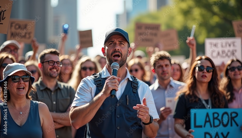 Fototapeta premium Man Speaking at Labor Day Protest.