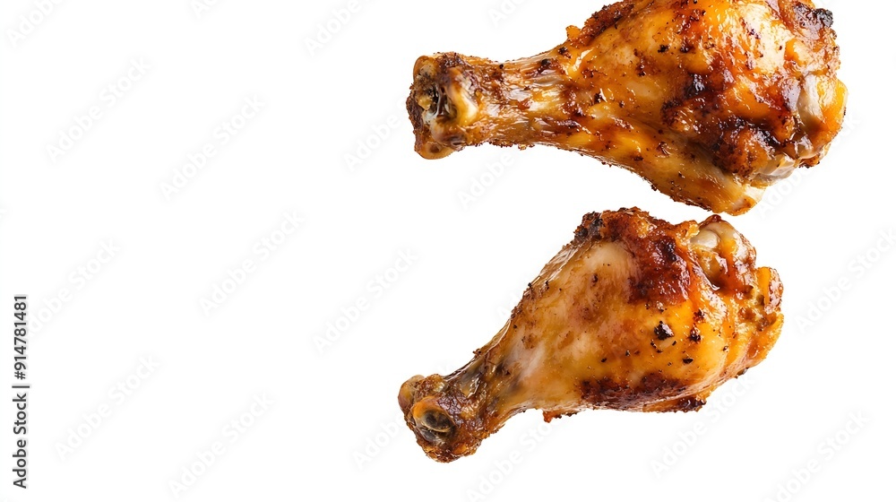 Grilled chicken legs falling in the air isolated on white background : Generative AI Grilled chicken legs falling in the air isolated on white background : Generative AI