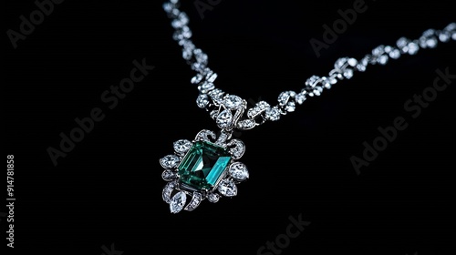 Princess cut emerald necklace with diamonds on black background : Generative AI photo