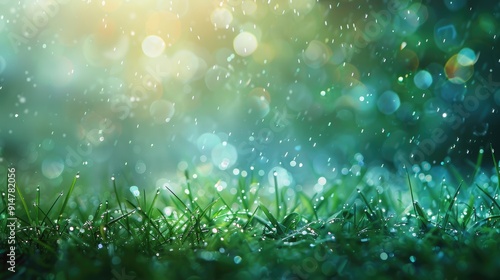 Downpour on meadow with sparkles and bokeh. Nature rain scene.