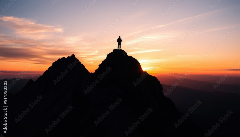 Silhouette of a Person Standing on a Mountain Peak at Sunset. Silhouette of a Person Standing on a Mountain Peak at Sunset.