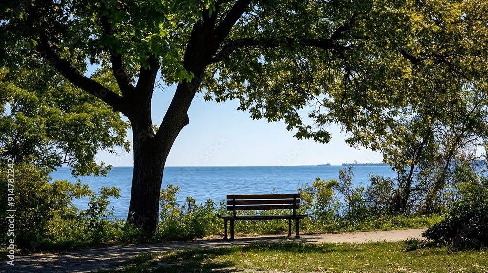 A lone empty bench awaits customers under a shady tree beside Lake Ontario in Bluffers Park Scarborough on a bright sunny day : Generative AI A lone empty bench awaits customers under a shady tree beside Lake Ontario in Bluffers Park Scarborough on a bright sunny day : Generative AI