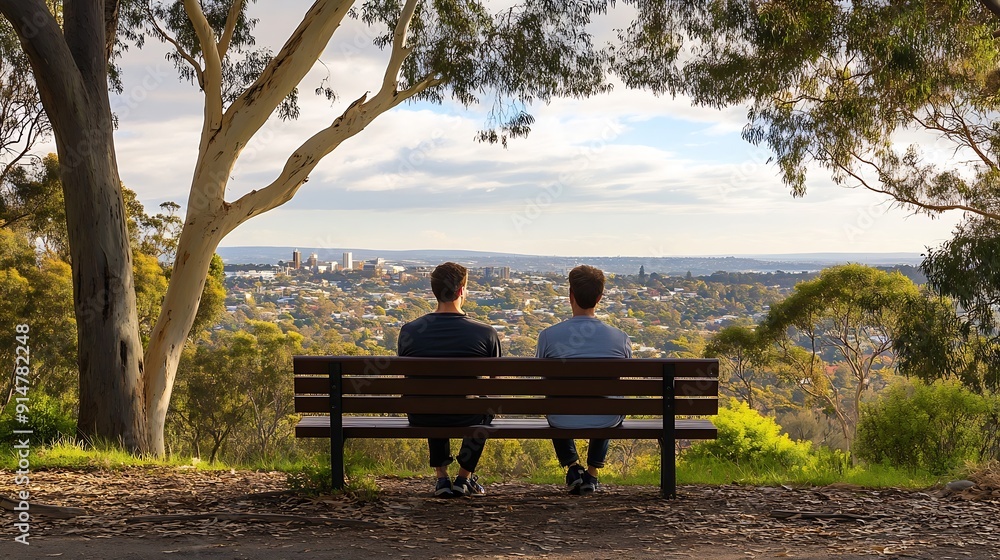 Men sitting on park bench looking out from Montefiore Hill in Adelaide South Australia : Generative AI Men sitting on park bench looking out from Montefiore Hill in Adelaide South Australia : Generative AI