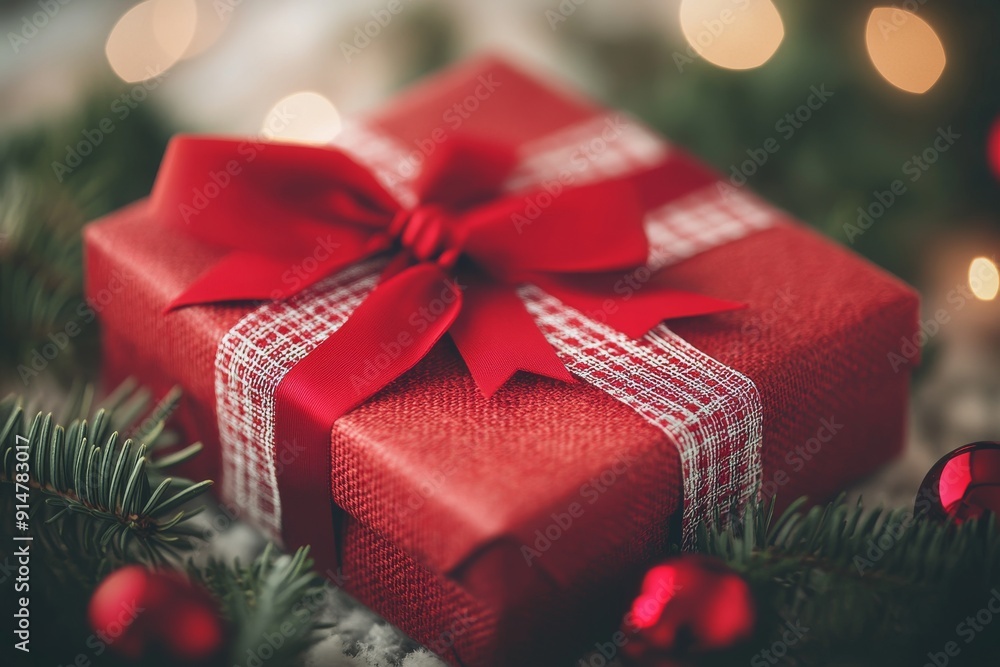 Luxurious red gift box tied with a golden ribbon captured in a festive ...