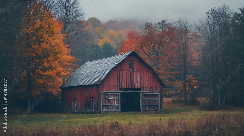 Fototapeta premium Moody Autumn Foliage Barn Country Pondering New England : Generative AI