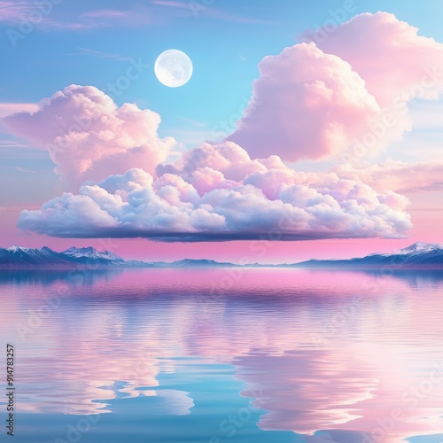 A serene landscape featuring soft pink clouds reflecting in calm water under a glowing moonlight. photo