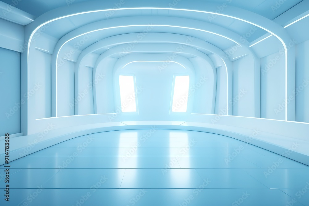 Obraz premium Futuristic blue interior with glowing ceiling and empty floor space.