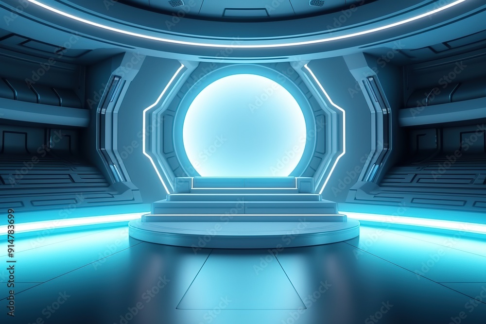 Futuristic blue interior with glowing lights and a platform. Futuristic blue interior with glowing lights and a platform.