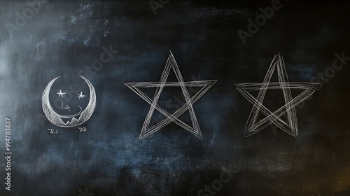 Blackboard with the symbols of the three Abrahamic religions the Jewish Star of David the Christian cross and the Islamic star and crescent drawn in the middle : Generative AI photo