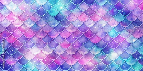 Shimmering watercolor mermaid scales in shades of purple, blue, and pink, mermaid, scales, watercolor, shimmering, purple
