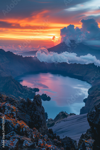 Epic Sunrise Over Volcanic Crater Lake with Dramatic Clouds and Vibrant Sky Reflections in Serene Landscape