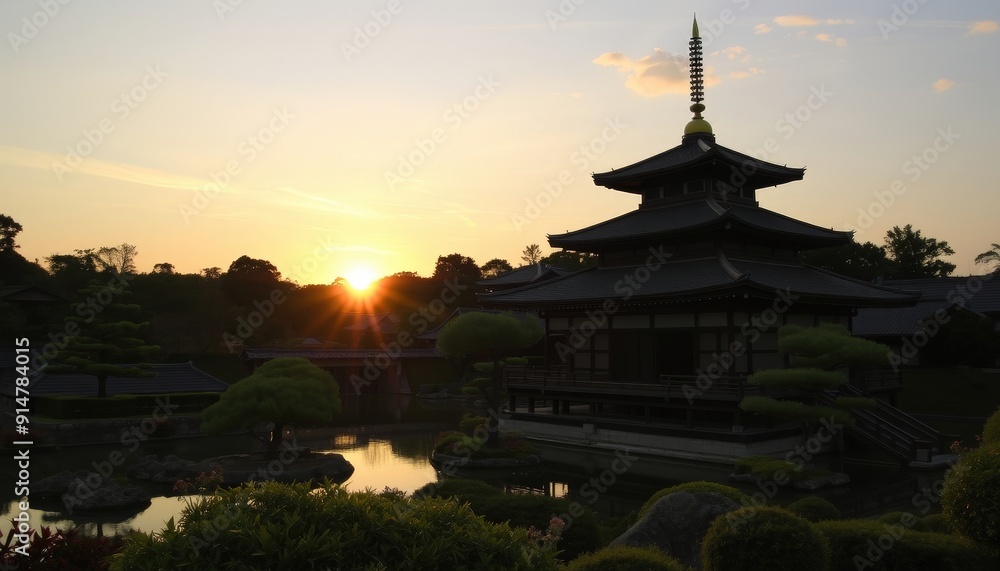 Japanese Temple Sunset.