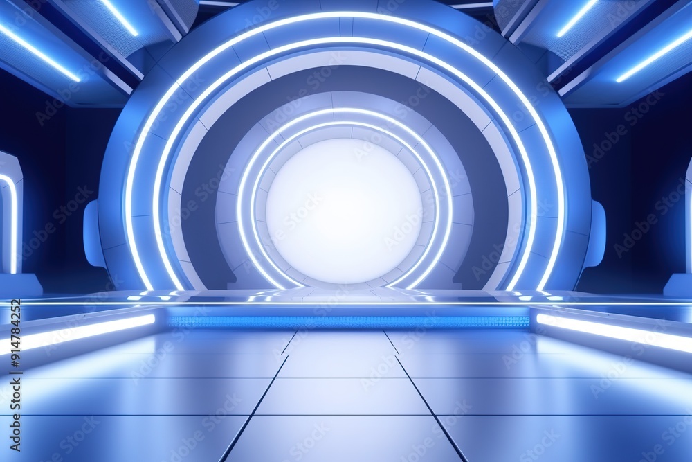 Naklejka premium Futuristic blue neon glowing corridor.