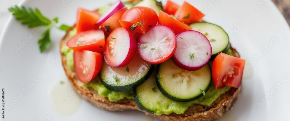 Avocado Toast with Tomato, Cucumber, and Radish. Avocado Toast with Tomato, Cucumber, and Radish.