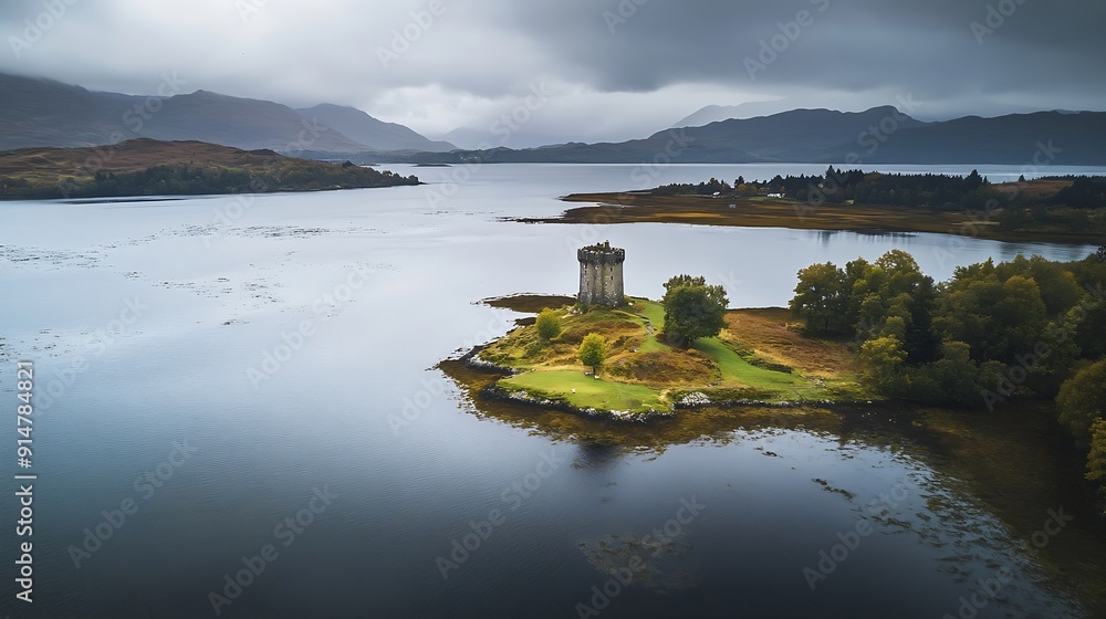 Aerial view of Castle Stalker in Loch Linnhe during a rainy autumn day with moody sky Castle Stalker Scotland United Kingdom Europe : Generative AI Aerial view of Castle Stalker in Loch Linnhe during a rainy autumn day with moody sky Castle Stalker Scotland United Kingdom Europe : Generative AI