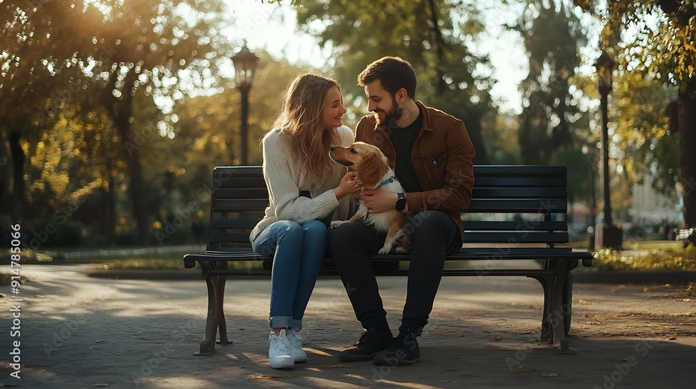 Young caucasian couple petting their dog sitting on a bench in a park Family : Generative AI Young caucasian couple petting their dog sitting on a bench in a park Family : Generative AI