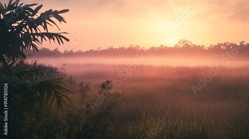 Foggy Sunrise over a prairie in Central Florida : Generative AI