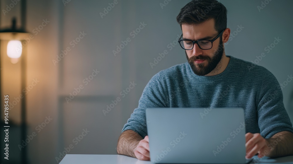 man with stylish beard and glasses levitating in a minimalist room typing on a sleek laptop man with stylish beard and glasses levitating in a minimalist room typing on a sleek laptop
