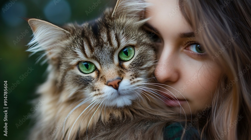 Portrait of young woman holding cute siberian cat with green eyes Female hugging her cute long hair kitty Background copy space close up Adorable domestic pet concept : Generative AI Portrait of young woman holding cute siberian cat with green eyes Female hugging her cute long hair kitty Background copy space close up Adorable domestic pet concept : Generative AI