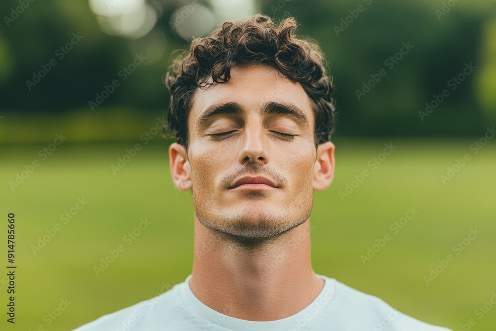 Serene man with closed eyes basking in sunlight, peaceful expression, soft breeze ruffling hair, lush green park background, tranquil atmosphere Serene man with closed eyes basking in sunlight, peaceful expression, soft breeze ruffling hair, lush green park background, tranquil atmosphere