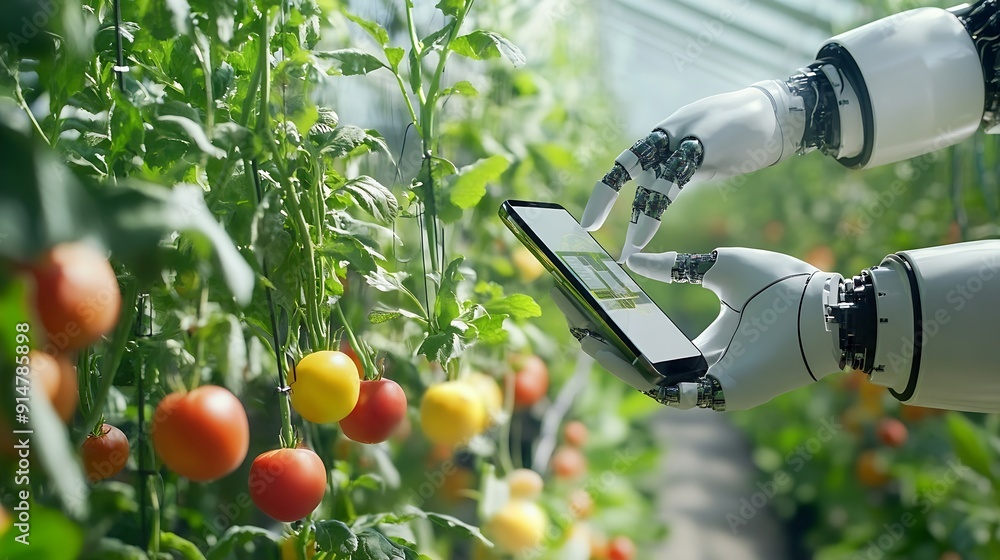 AI Farmer use smartphone and robotics assistant Pollinate of fruits and ...