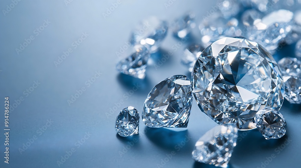 Close up of diamonds various cuts and sizes at workplace of diamond expert on blue background : Generative AI Close up of diamonds various cuts and sizes at workplace of diamond expert on blue background : Generative AI