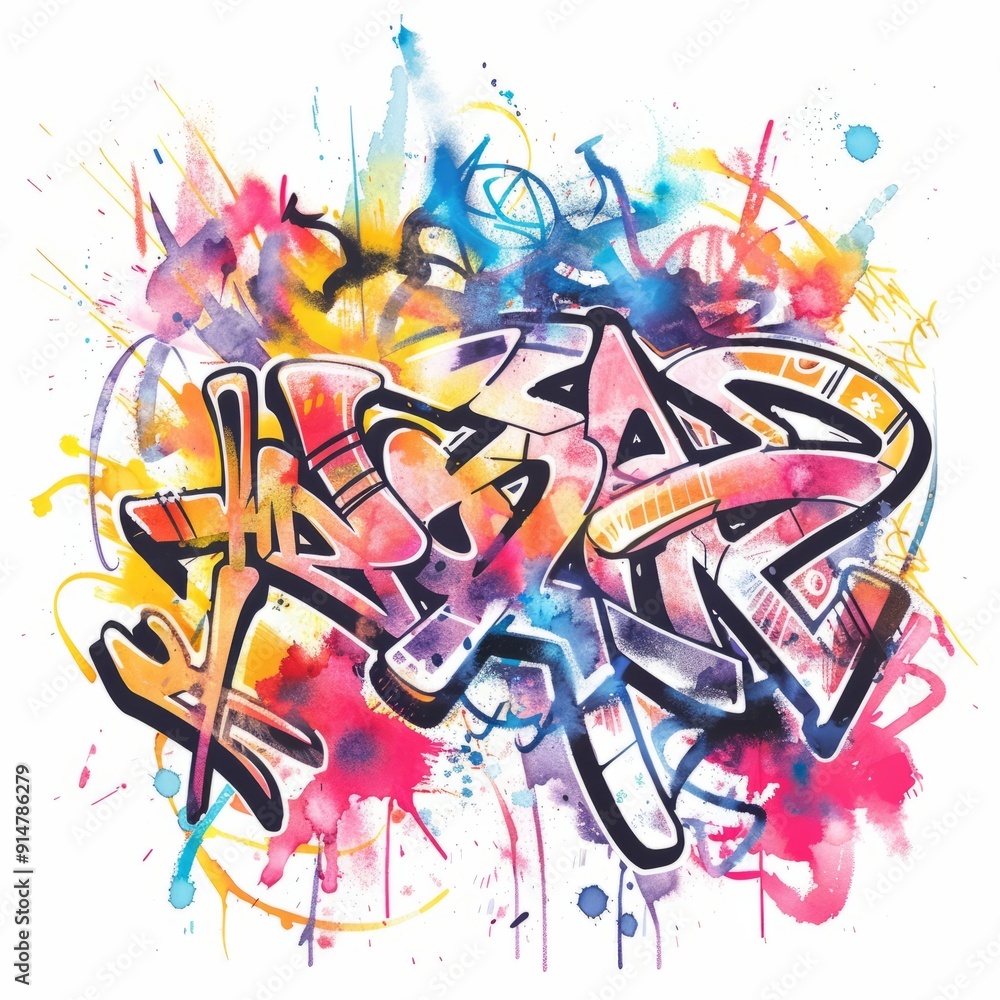 Naklejka premium Watercolor painting of graffiti featuring dynamic lettering, on isolated white background
