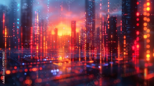 Futuristic Finance: Abstract Cyberpunk Cityscape with Neon Financial Graphs - High Contrast 3D Rendering