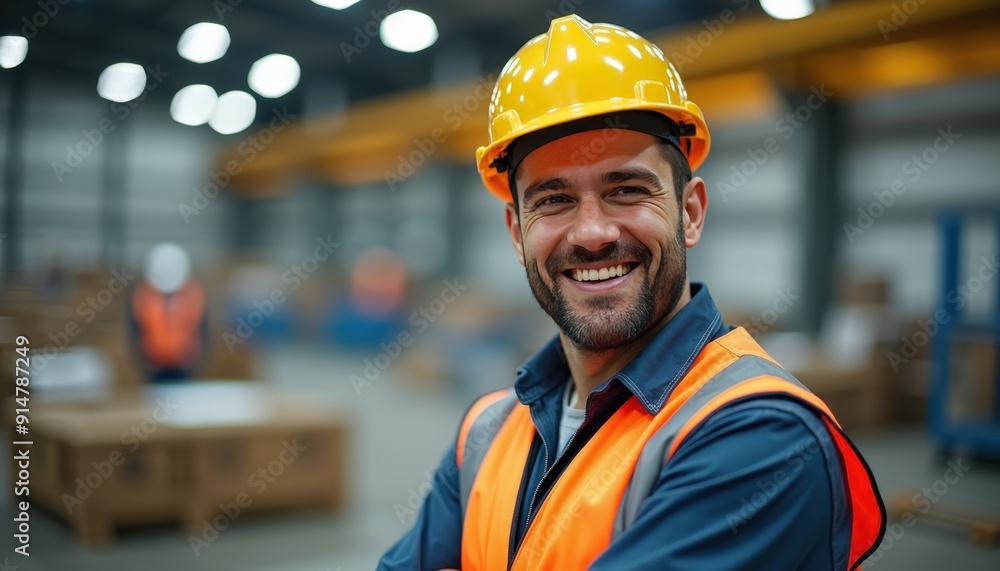 Smiling Warehouse Worker in Hard Hat and Safety Vest Smiling Warehouse Worker in Hard Hat and Safety Vest
