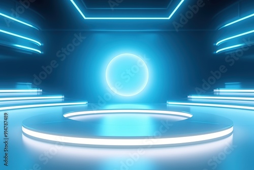 Futuristic blue neon lit stage with circle light.