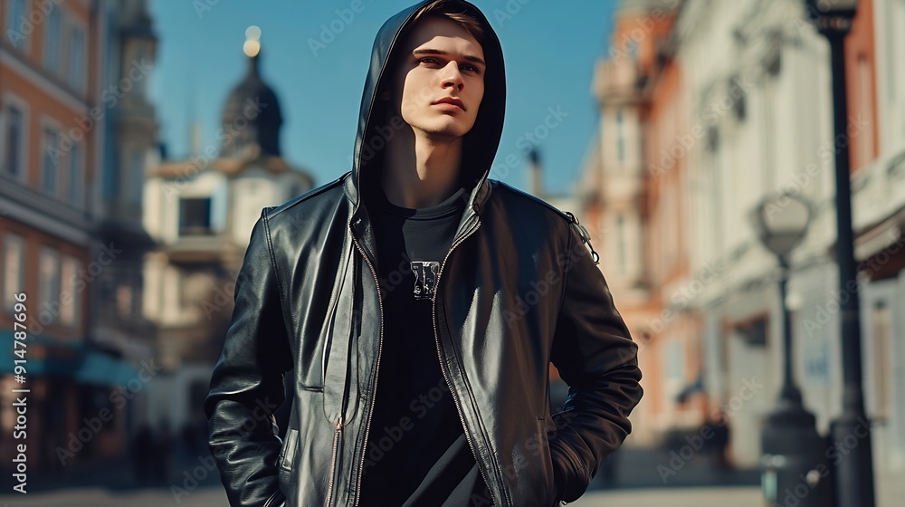 Hipster handsome young man with a hoodie wears a stylish black leather jacket and walks on the street : Generative AI Hipster handsome young man with a hoodie wears a stylish black leather jacket and walks on the street : Generative AI