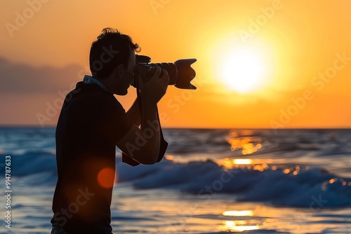 Photographer capturing the golden sunset a moment of artistic pursuit and natural beauty