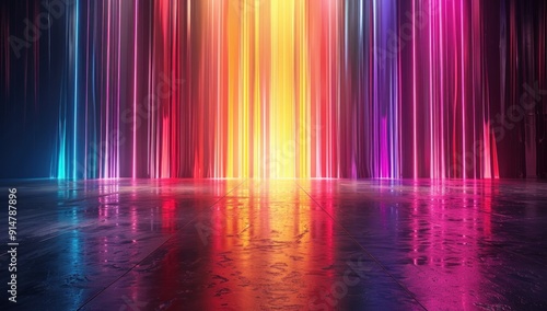 Neon Lights Stage with Wet Floor and Vivid Colors