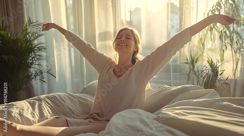 Wallpaper Mural Good morning new day weekend holiday Happy middle aged woman sits on bed lady stretching arms after sleep and enjoying morning in cozy comfort bedroom interior free space : Generative AI Torontodigital.ca