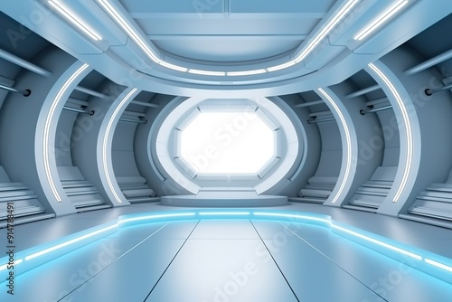 Futuristic interior with white walls and blue glowing lights.